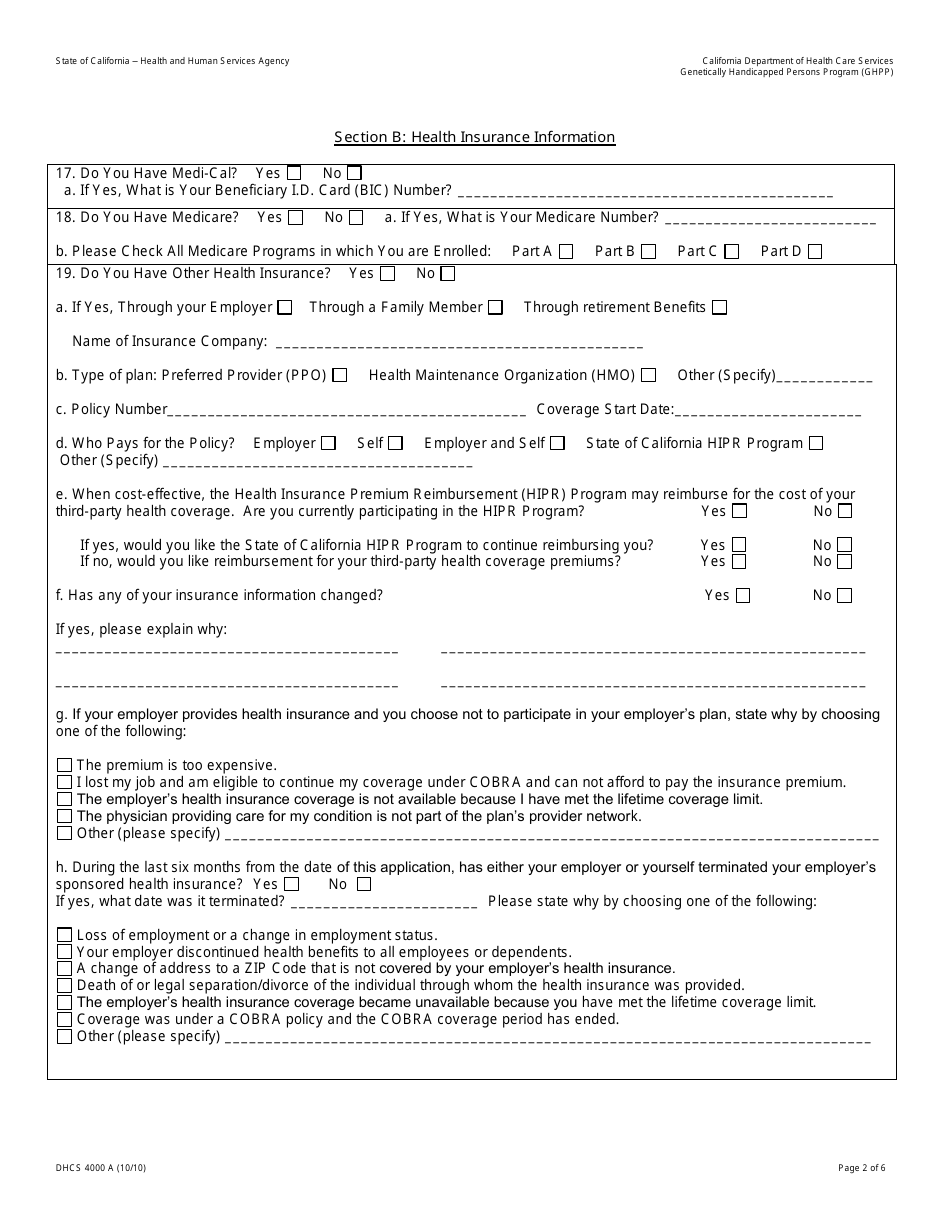 Form DHCS4000 A Genetically Handicapped Persons Program (Ghpp) Application to Determine Eligibility - California, Page 2