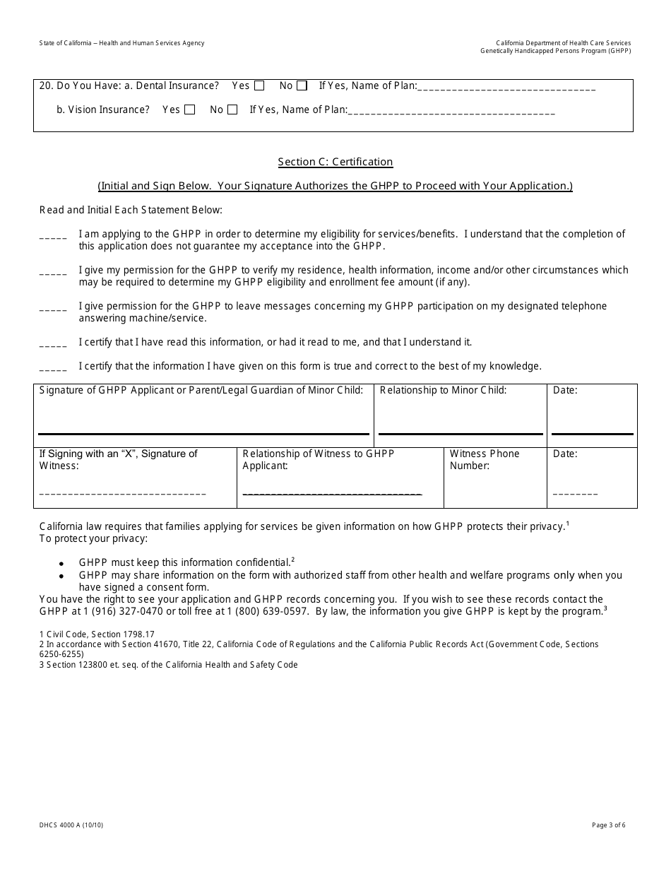 Form DHCS4000 A Genetically Handicapped Persons Program (Ghpp) Application to Determine Eligibility - California, Page 3