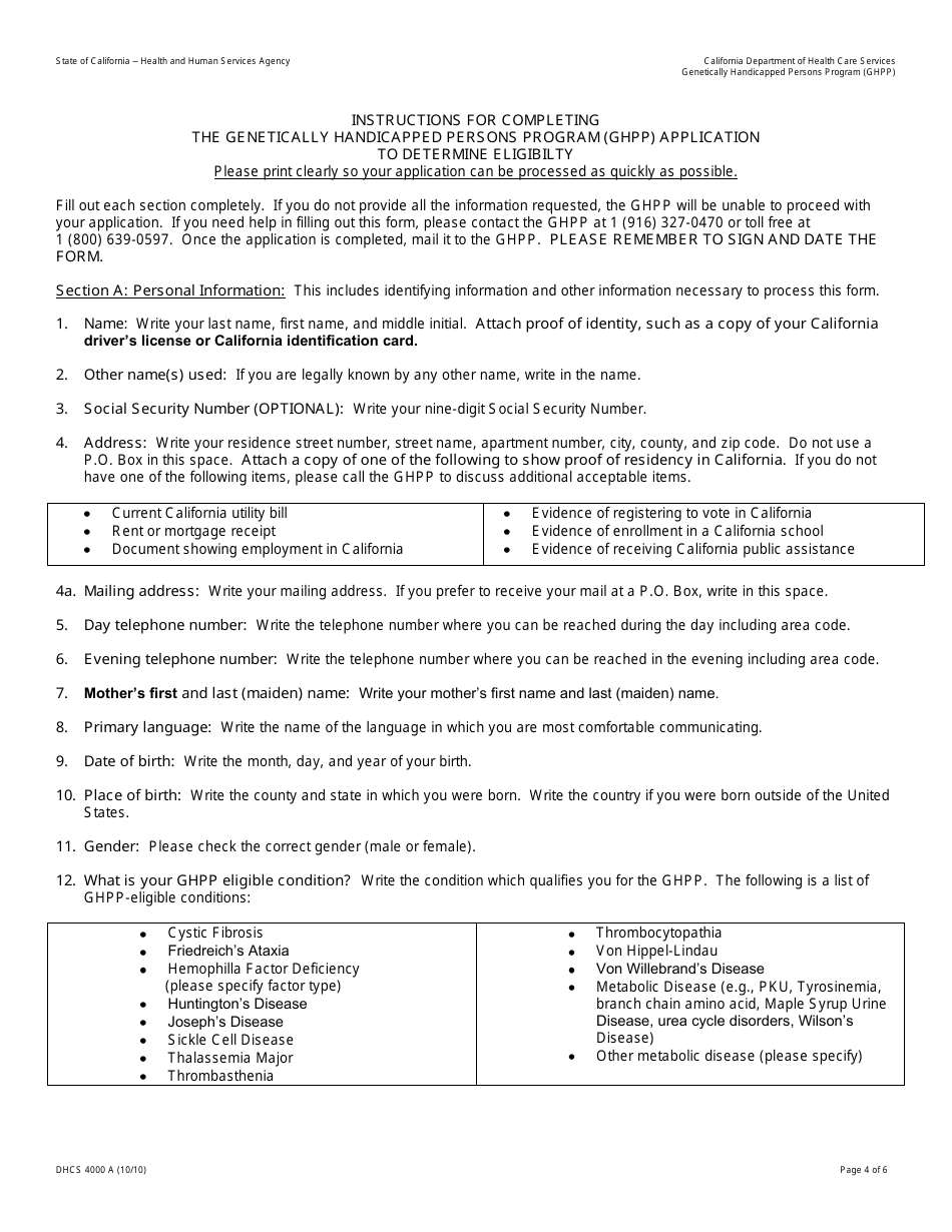Form DHCS4000 A Genetically Handicapped Persons Program (Ghpp) Application to Determine Eligibility - California, Page 4
