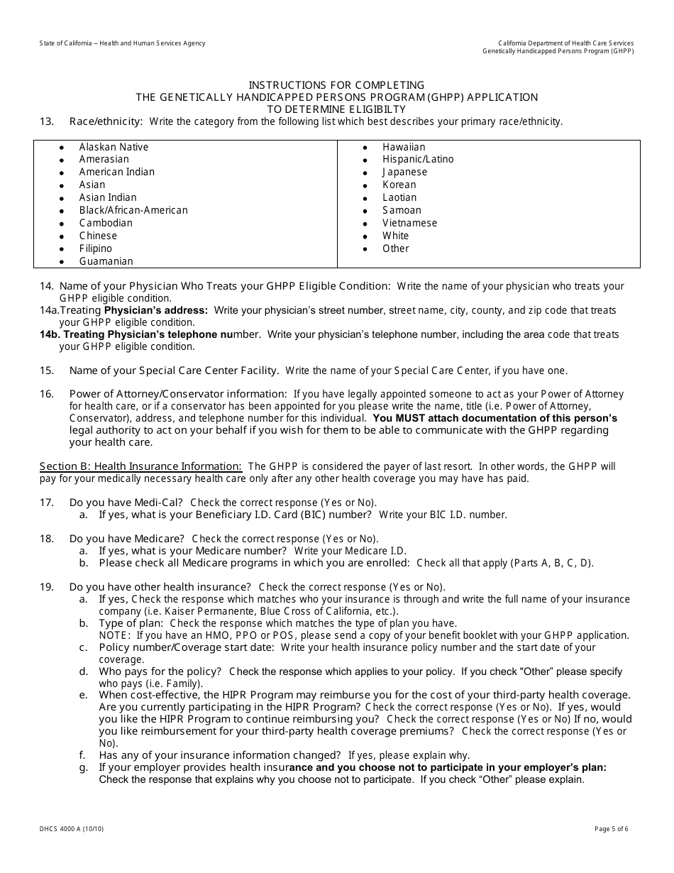 Form DHCS4000 A Genetically Handicapped Persons Program (Ghpp) Application to Determine Eligibility - California, Page 5