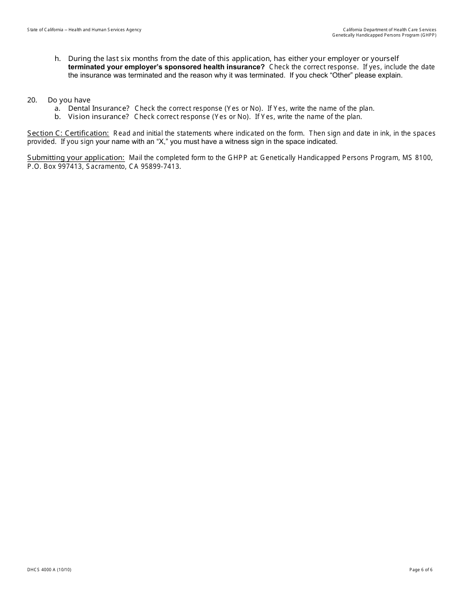 Form DHCS4000 A Genetically Handicapped Persons Program (Ghpp) Application to Determine Eligibility - California, Page 6