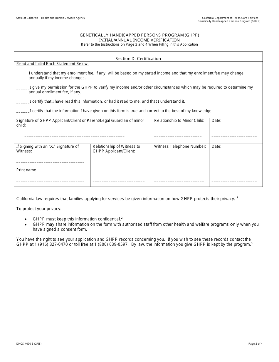 Form DHCS4000 A Genetically Handicapped Persons Program (Ghpp) Application to Determine Eligibility - California, Page 8