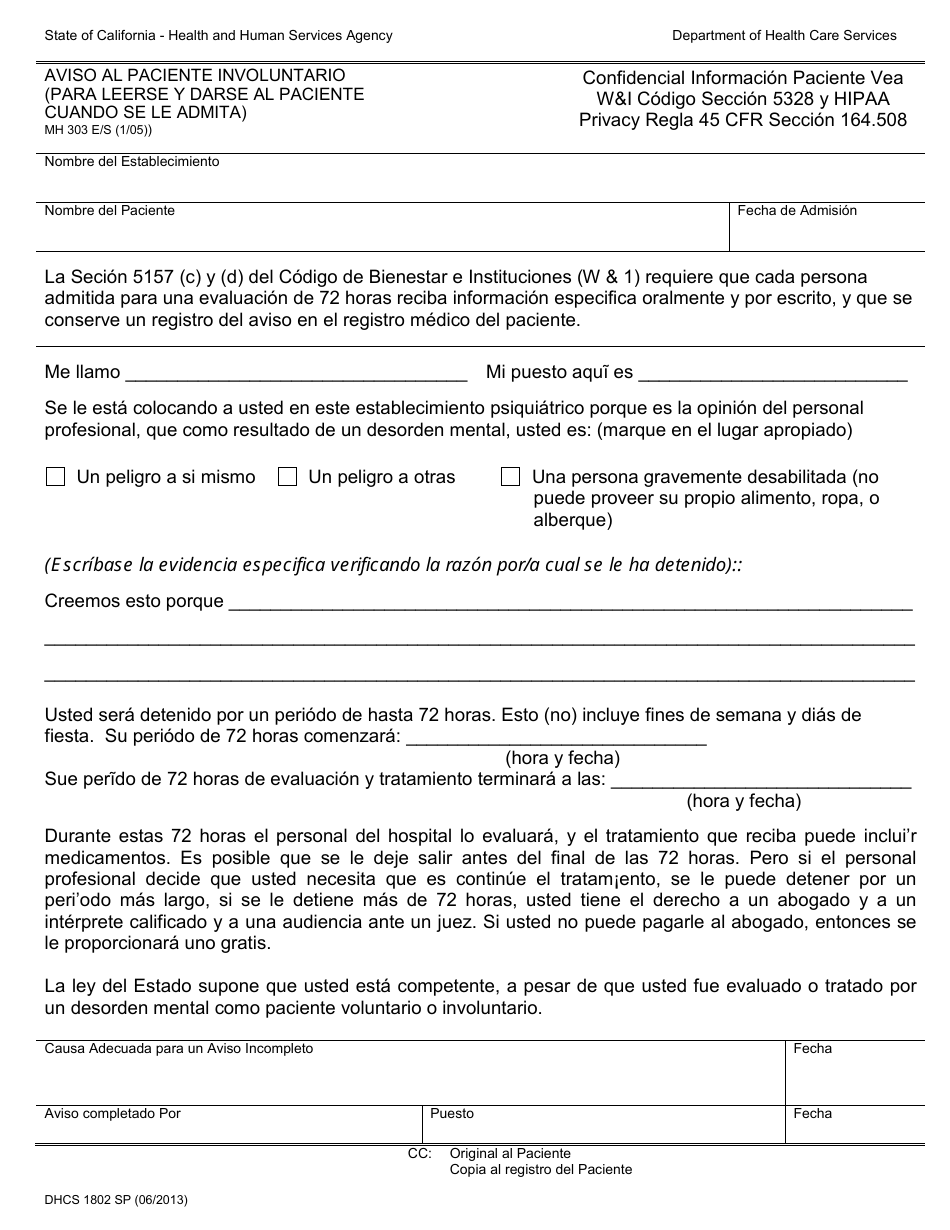Formulario DHCS1802 SP (MH303 E/S) - Fill Out, Sign Online and Download ...