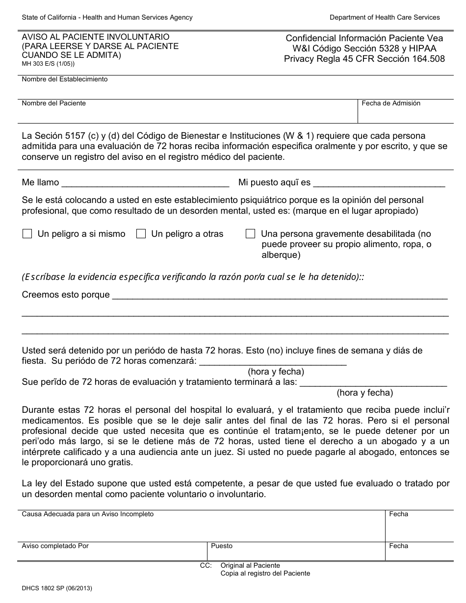Formulario DHCS1802 SP (MH303 E / S) Aviso Al Paciente Involuntario - California (Spanish), Page 1