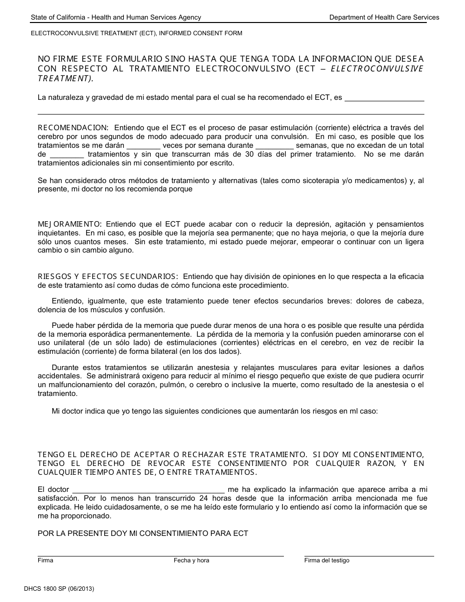 Formulario DHCS1800 SP Electroconvulsive Treatment (Ect), Informed Consent Form - California (Spanish), Page 1