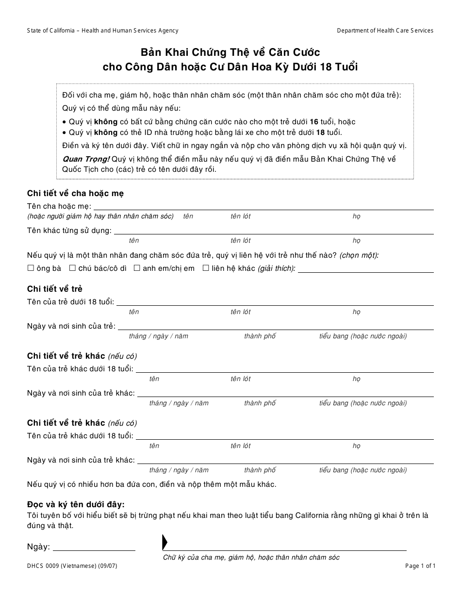 Form DHCS0009 Affidavit of Identity for U.S. Citizen or National Children Under 18 - California (Vietnamese), Page 1