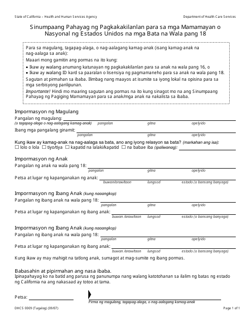 Form DHCS0009 Affidavit of Identity for U.S. Citizen or National Children Under 18 - California (Tagalog)