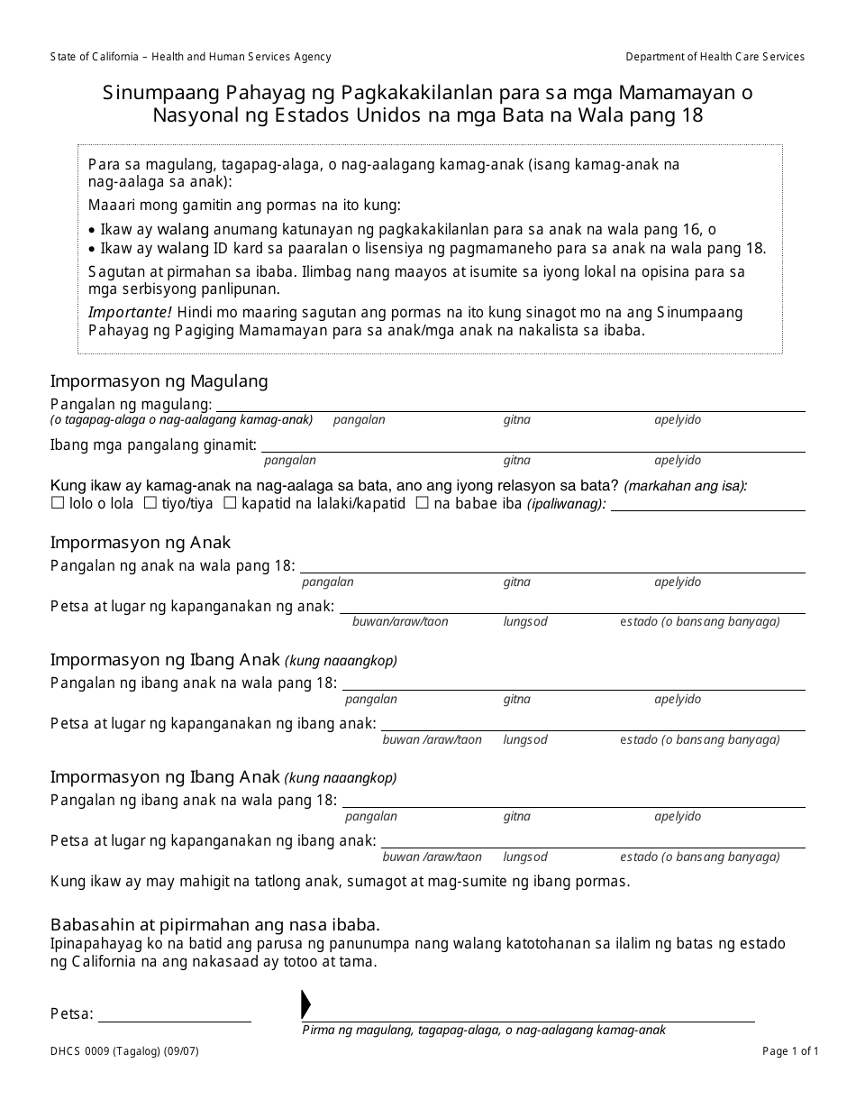 Form DHCS0009 Affidavit of Identity for U.S. Citizen or National Children Under 18 - California (Tagalog), Page 1
