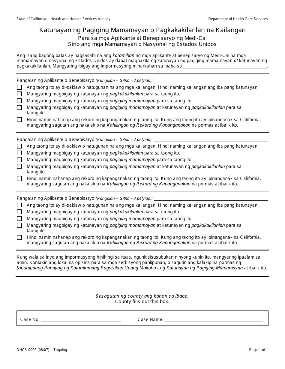 Form DHCS0006 Proof of Citizenship or Identity Needed - California (Tagalog), Page 1