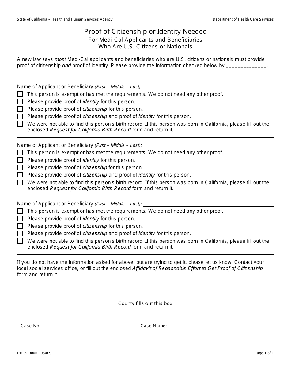 Form DHCS0006 Proof of Citizenship or Identity Needed for Medi-Cal Applicants and Beneficiaries Who Are U.S. Citizens or Nationals - California, Page 1