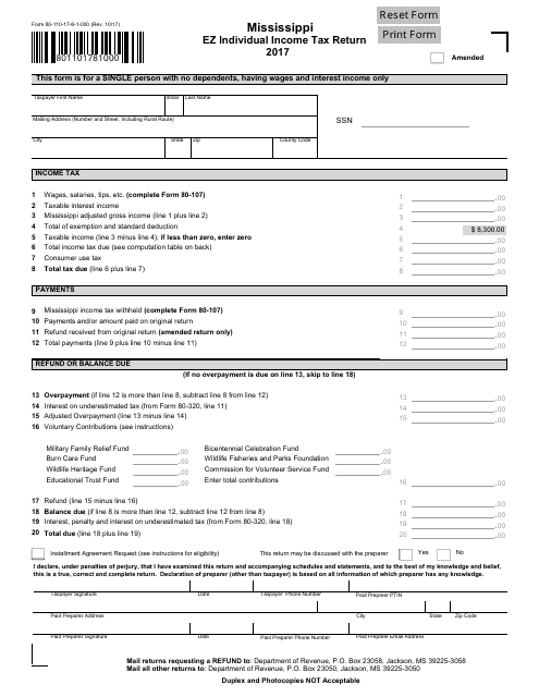 Form 80-110-17-8-1-000 Ez Individual Income Tax Return - Mississippi, 2017