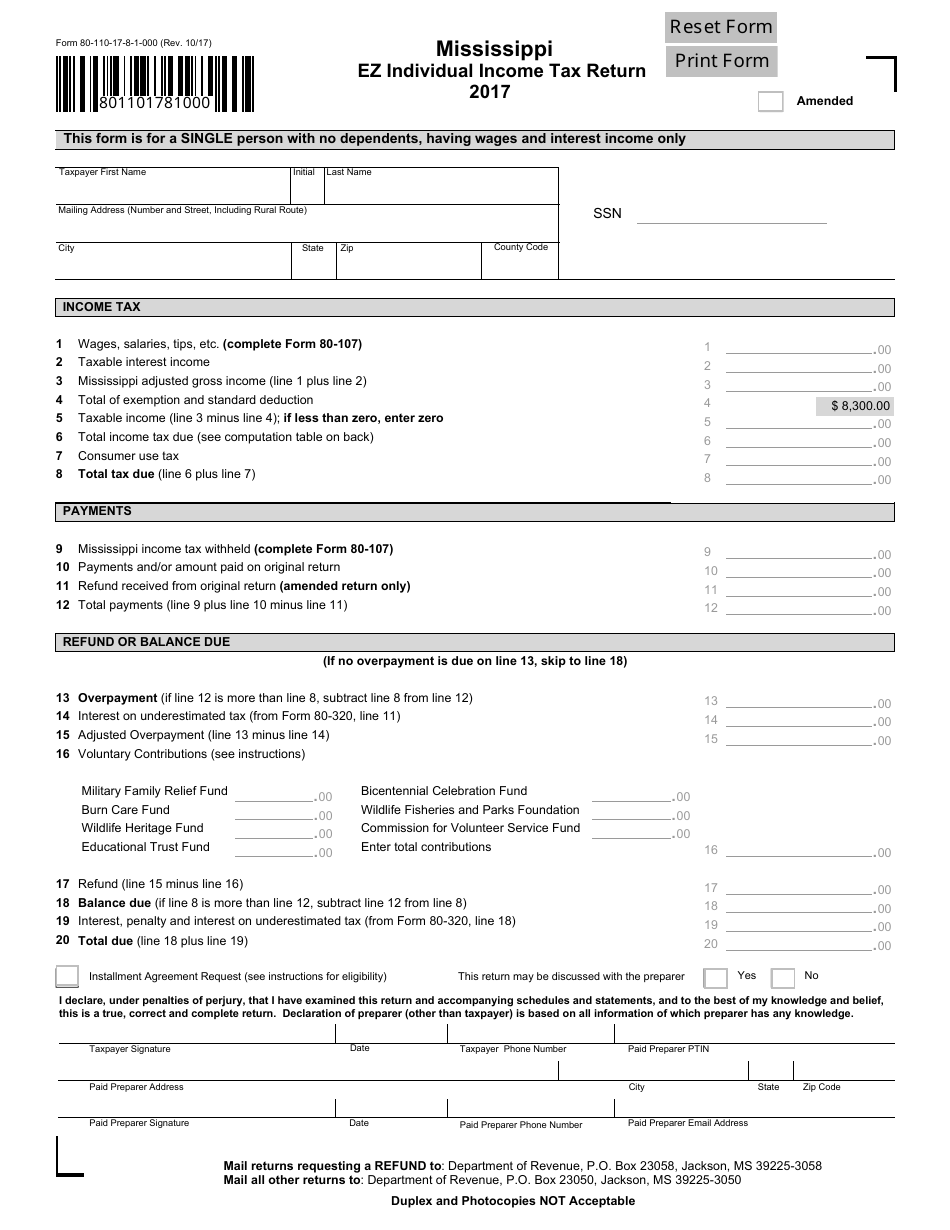 Form 80-110-17-8-1-000 Ez Individual Income Tax Return - Mississippi, Page 1