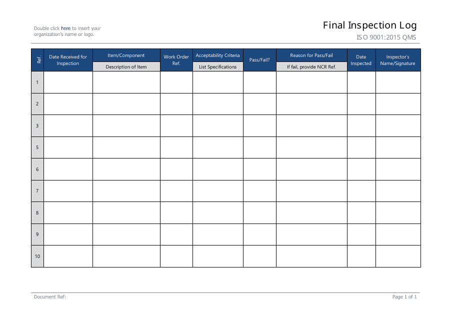 Final Inspection Log Template - Convenient and Easy-to-Use