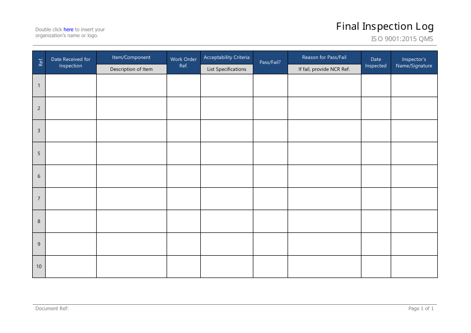 Final Inspection Log Template - Convenient and Easy-to-Use