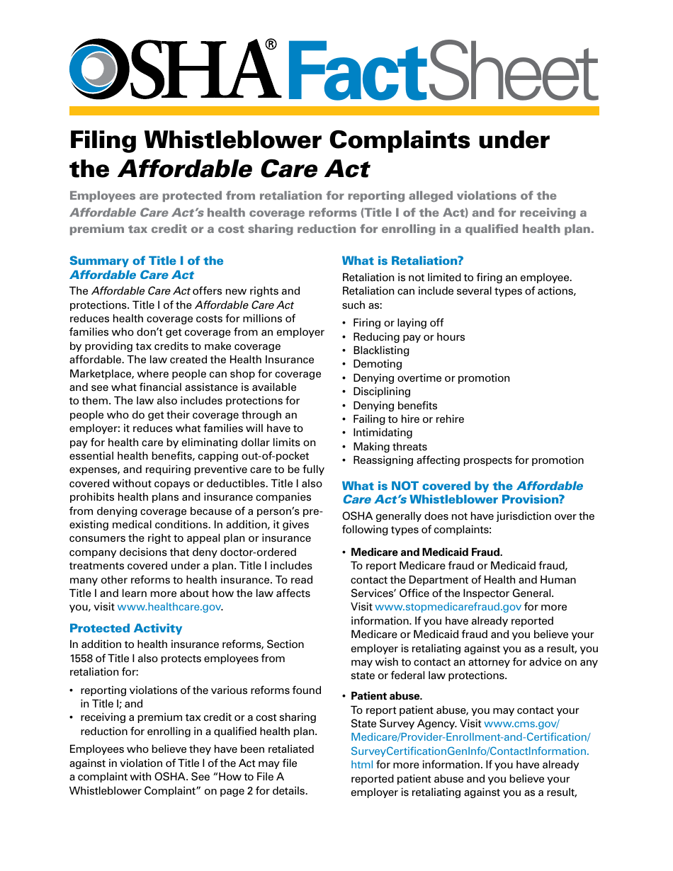 OSHA Form FS3641 Filing Whistleblower Complaints Under the Affordable Care Act, Page 1