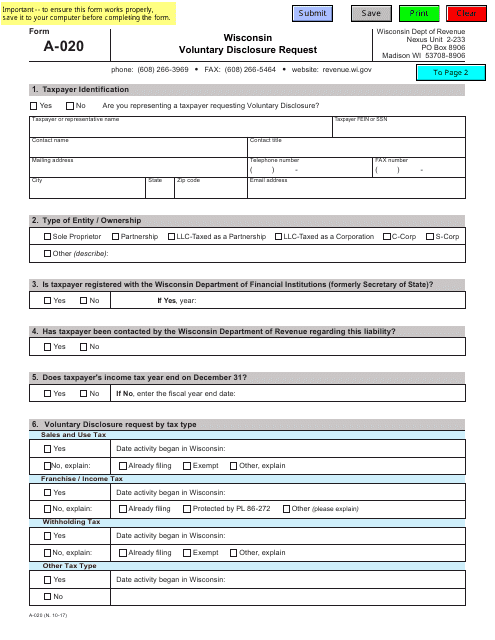Form A-020 Wisconsin Voluntary Disclosure Request - Wisconsin