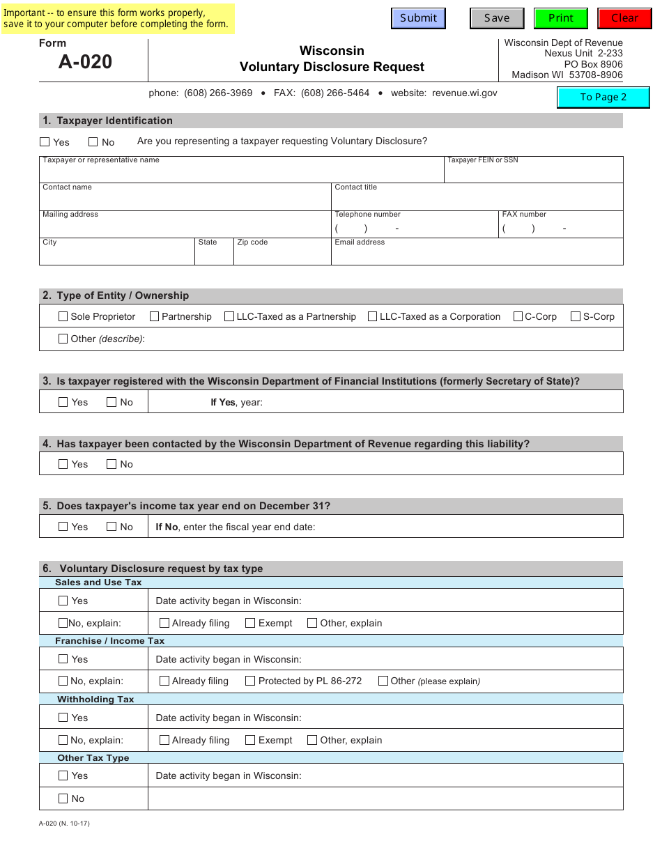 Form A-020 Wisconsin Voluntary Disclosure Request - Wisconsin, Page 1