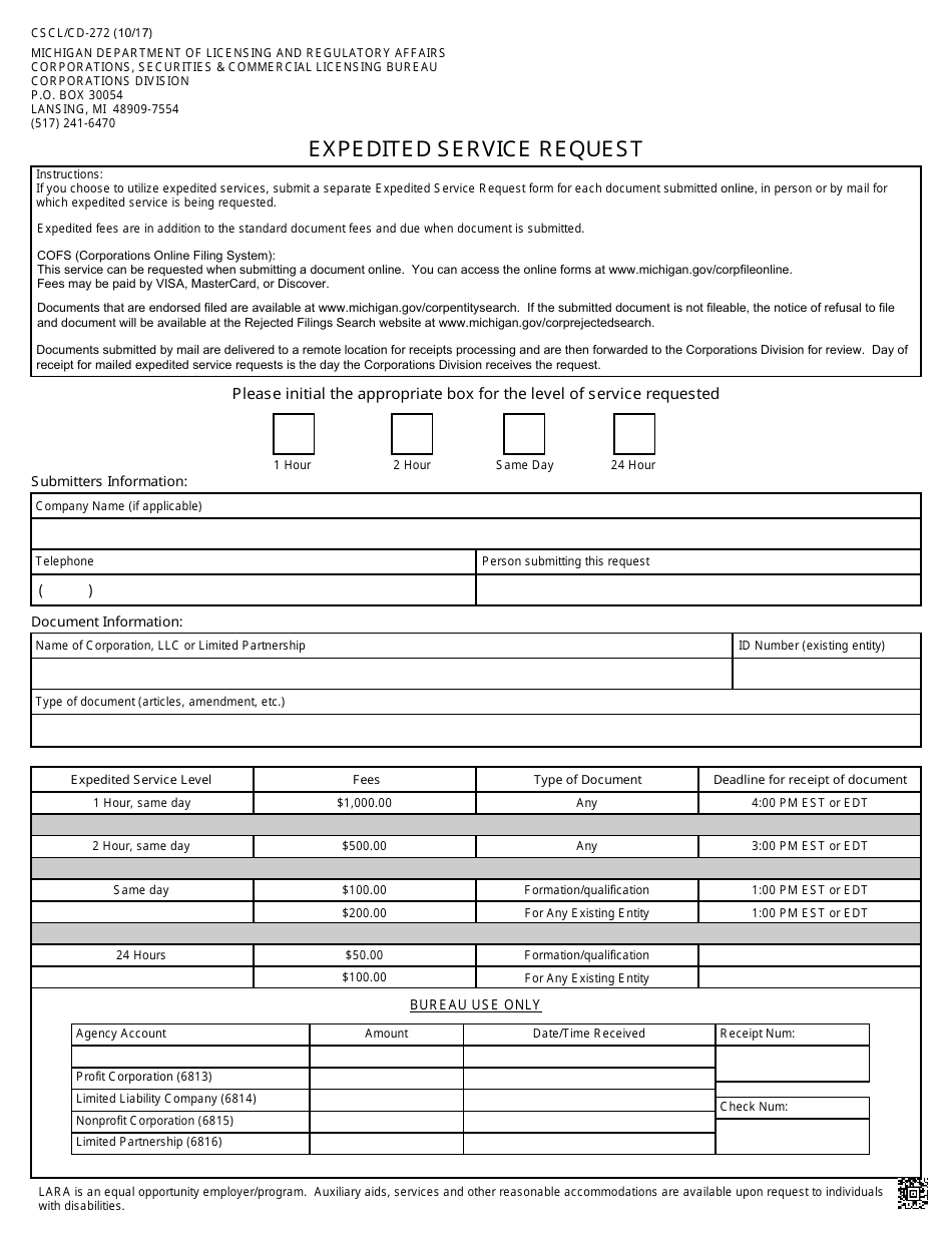 Form CSCL / CD-272 Expedited Service Request - Michigan, Page 1
