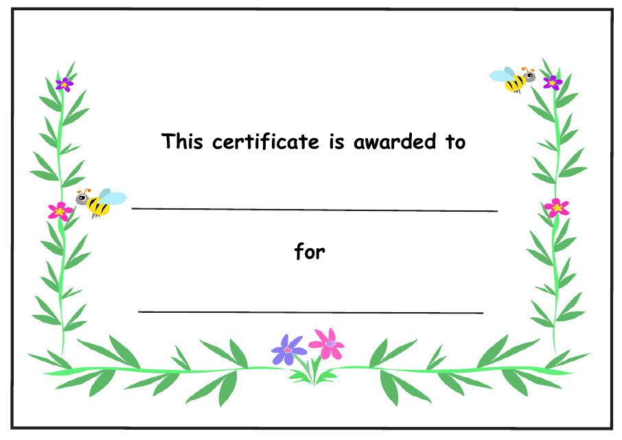 &quot;Kids Award Certificate Template - Flowers and Bees&quot; Download Pdf