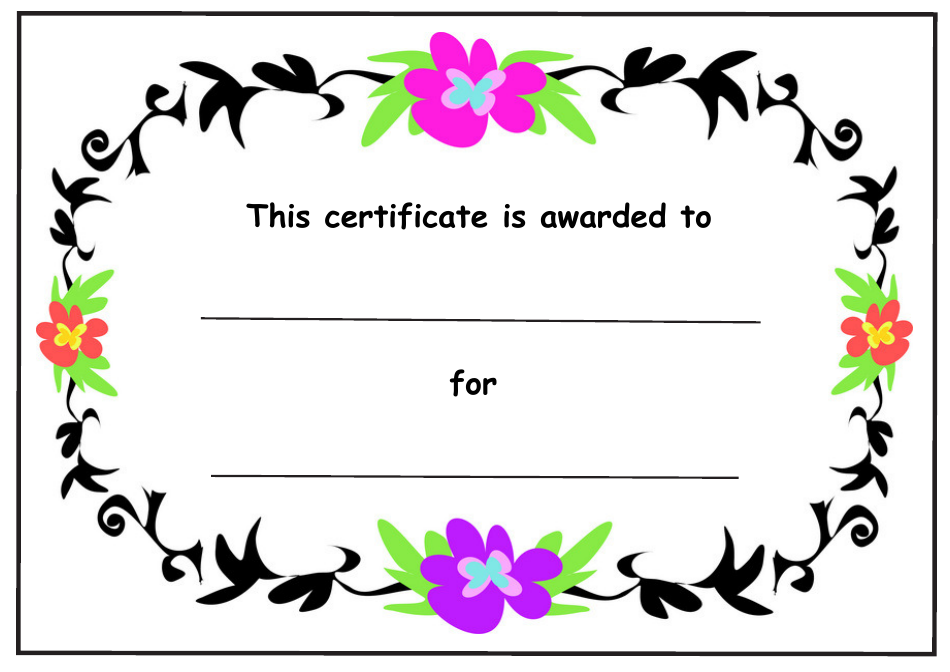 Kids Award Certificate Template with Color Flowers and Black Leaves