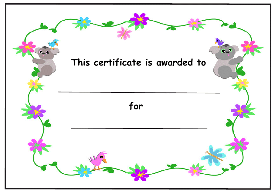 &quot;Kids Award Certificate Template - Koalas and Flowers&quot; Download Pdf
