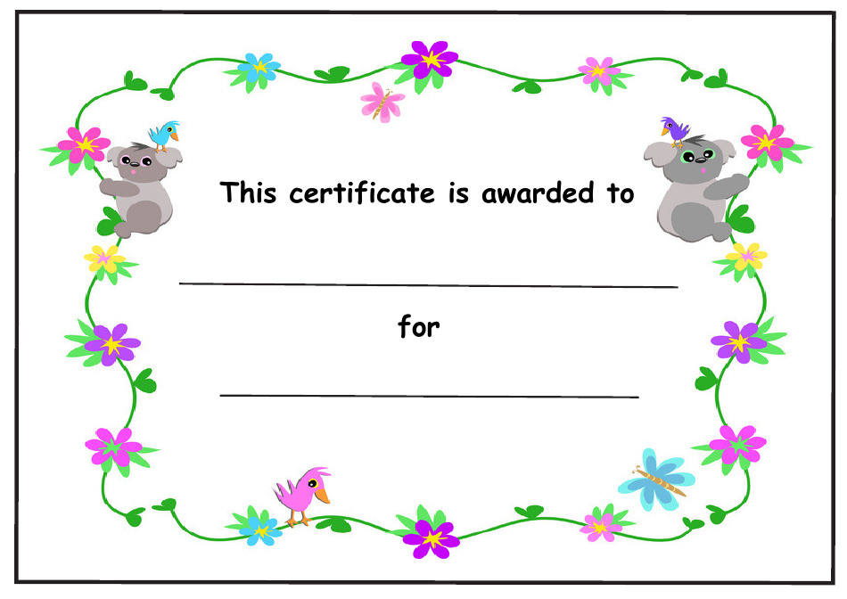 Kids Award Certificate Template with Koalas and Flowers