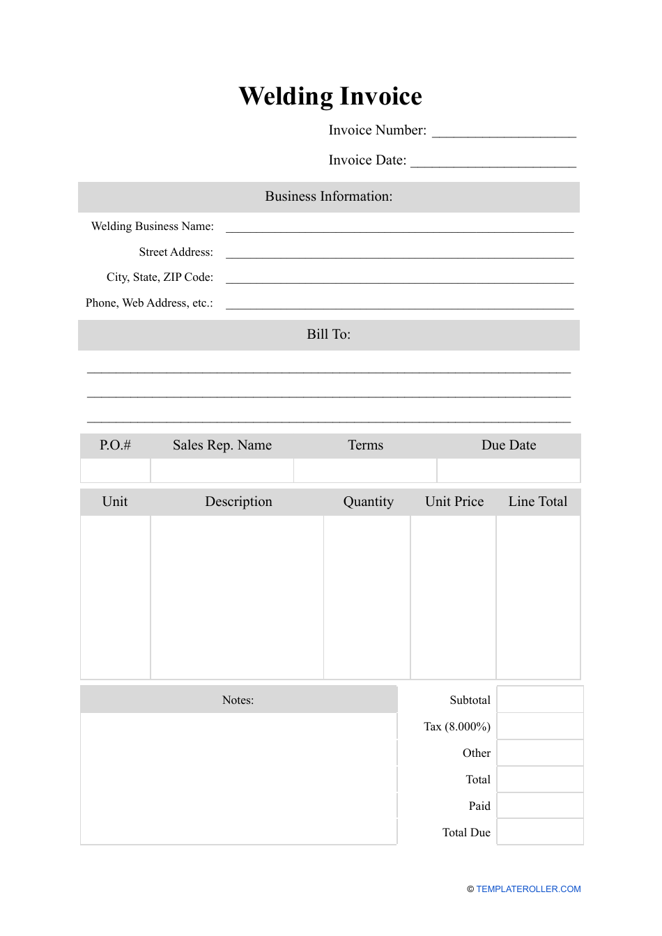 Welding Invoice Template, Page 1