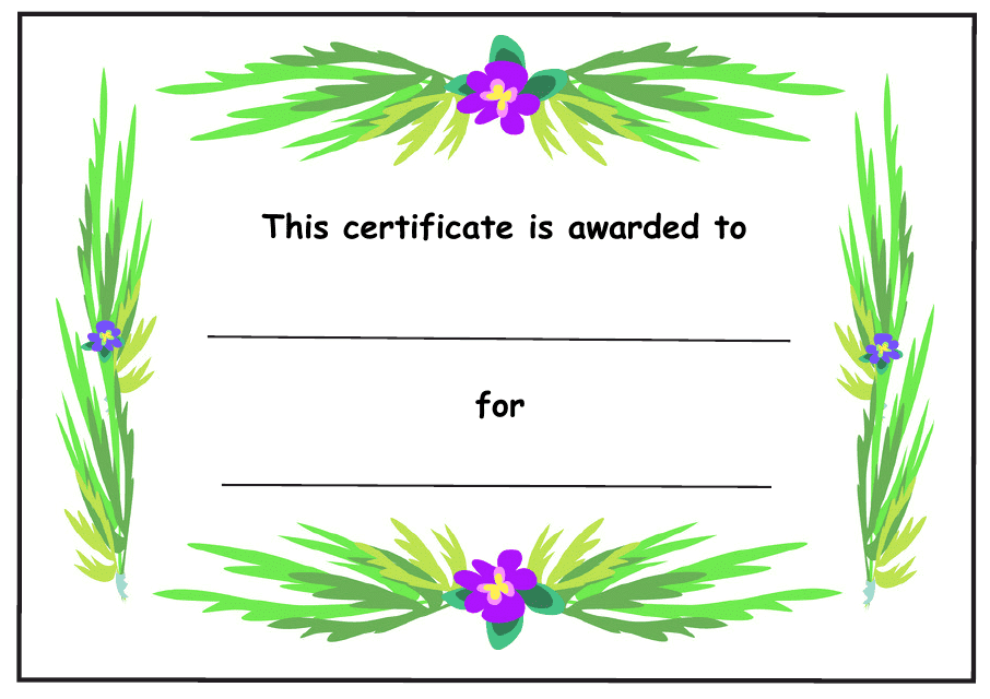 Kids Award Certificate Template - Purple Flowers With Green Leaves
