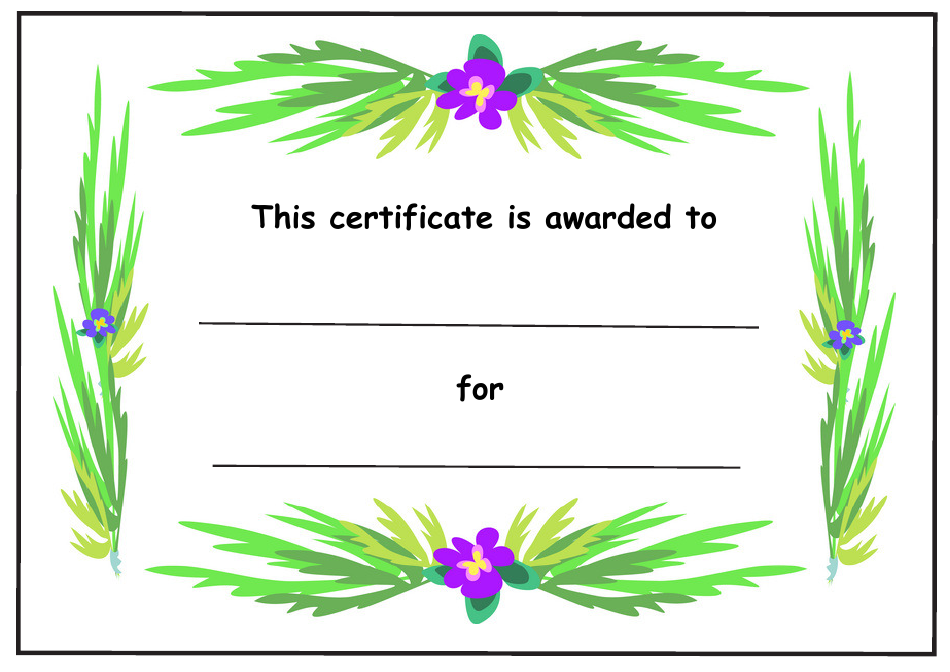 Kids Award Certificate Template with Purple Flowers and Green Leaves