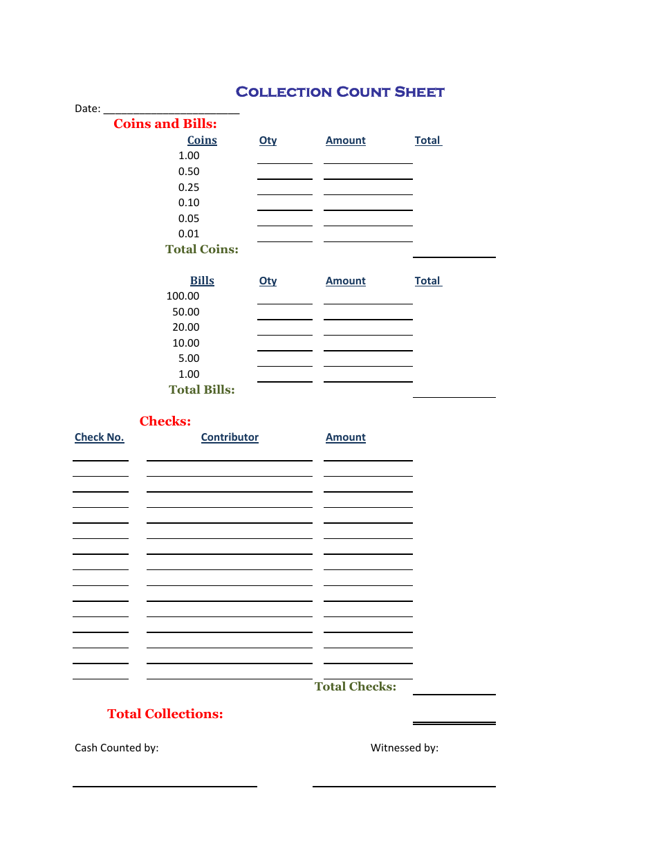 Collection Count Sheet Download Printable PDF Templateroller