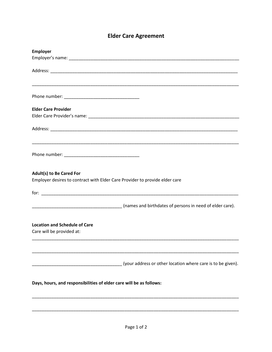 Elder Care Agreement Template, Page 1