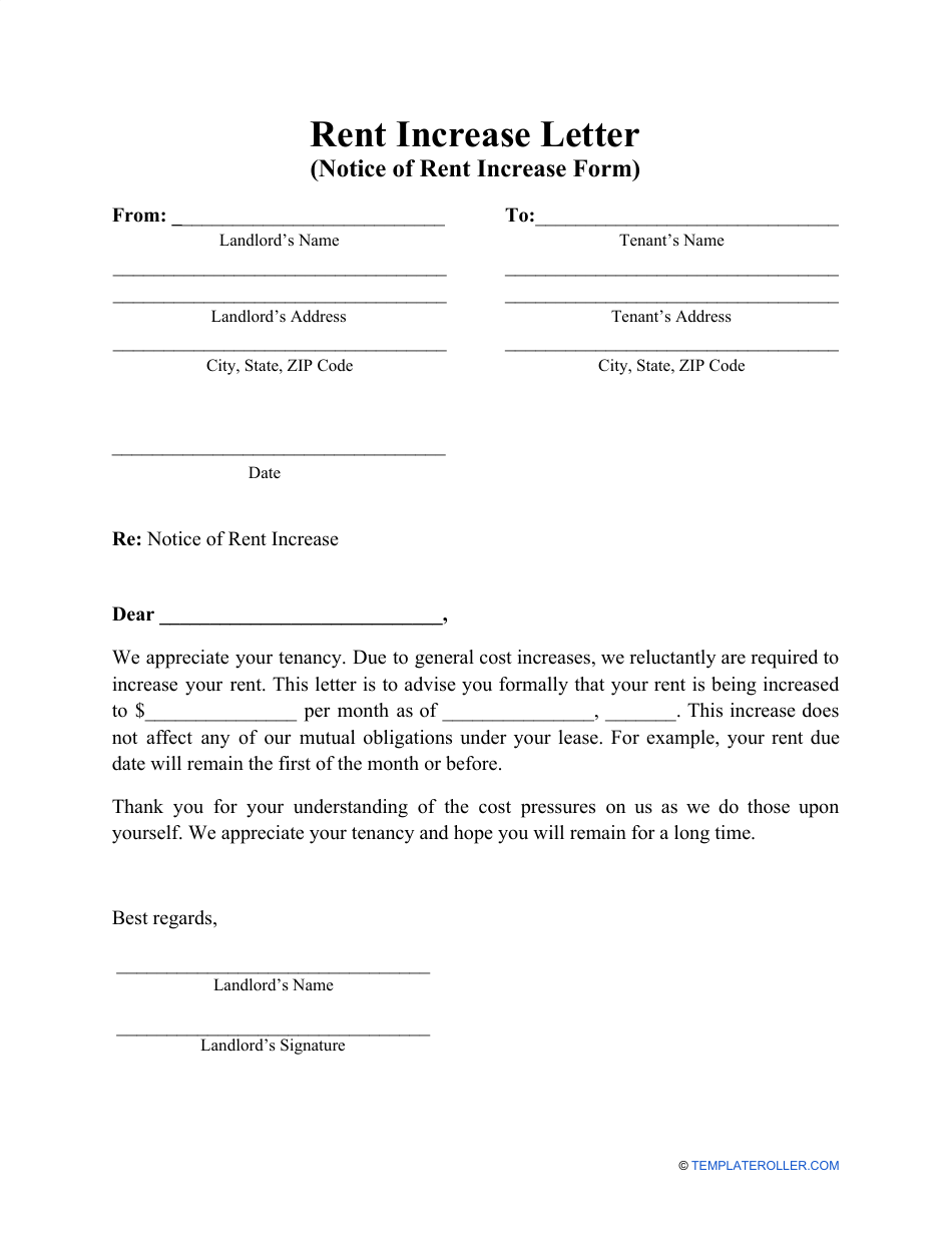 Rent Increase Letter (Notice of Rent Increase Form) Fill Out, Sign