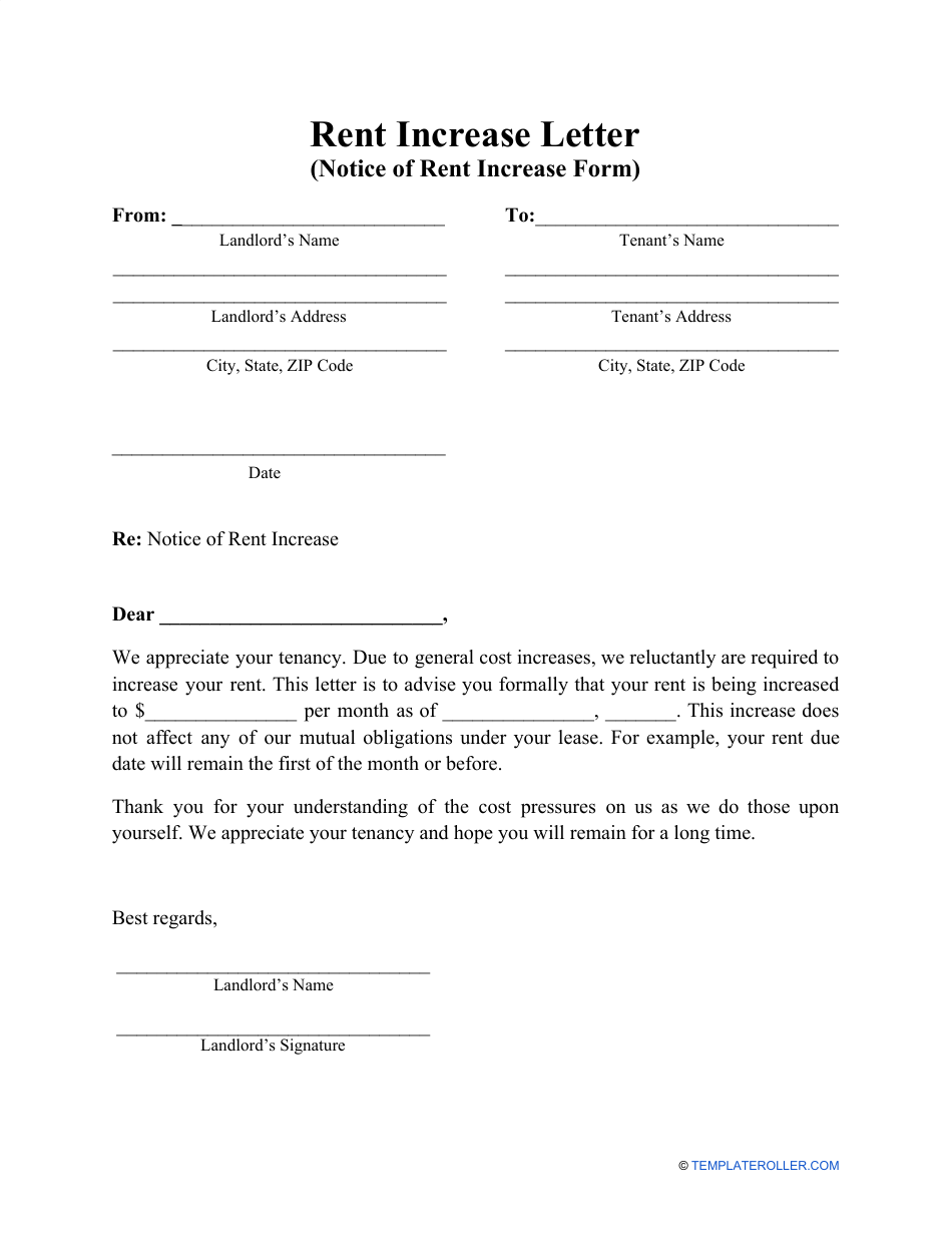 Fillable Printable Landlord Friendly Rent Increase Letter