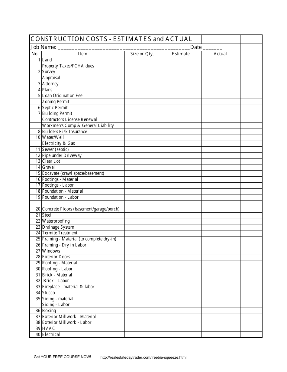 Construction Costs Analysis Estimates And Actual Template Download Printable PDF Templateroller