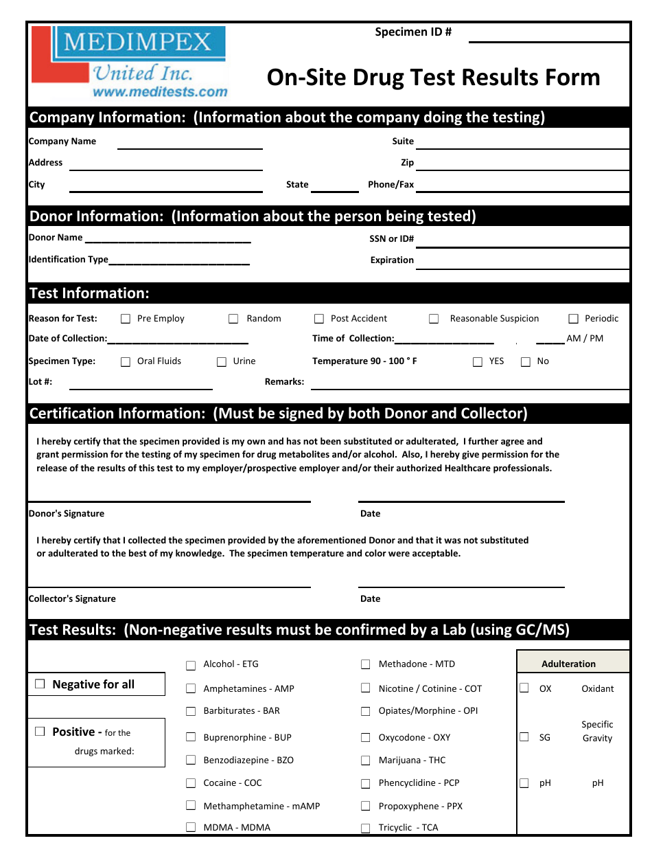 On-Site Drug Test Results Form - Medimpex United Inc., Page 1