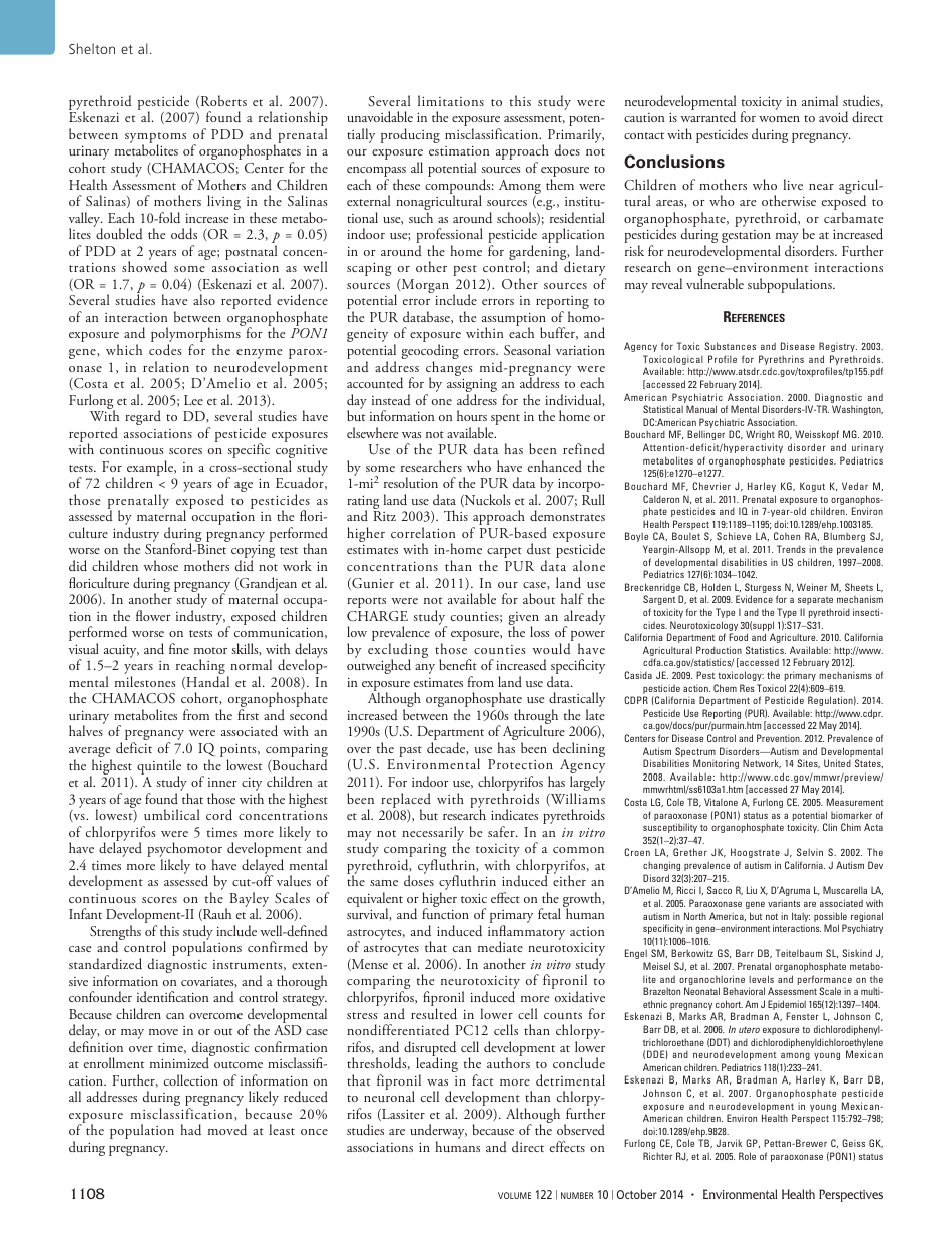 Neurodevelopmental Disorders and Prenatal Residential Proximity to Agricultural Pesticides: the Charge Study - Volume 122, Number 10 - Janie F. Shelton, Estella M. Geraghty, Daniel J. Tancredi, Lora D. Delwiche, Rebecca J. Schmidt, Beate Ritz, Robin L. Hansen, and Irva Hertz-Picciotto, Page 6