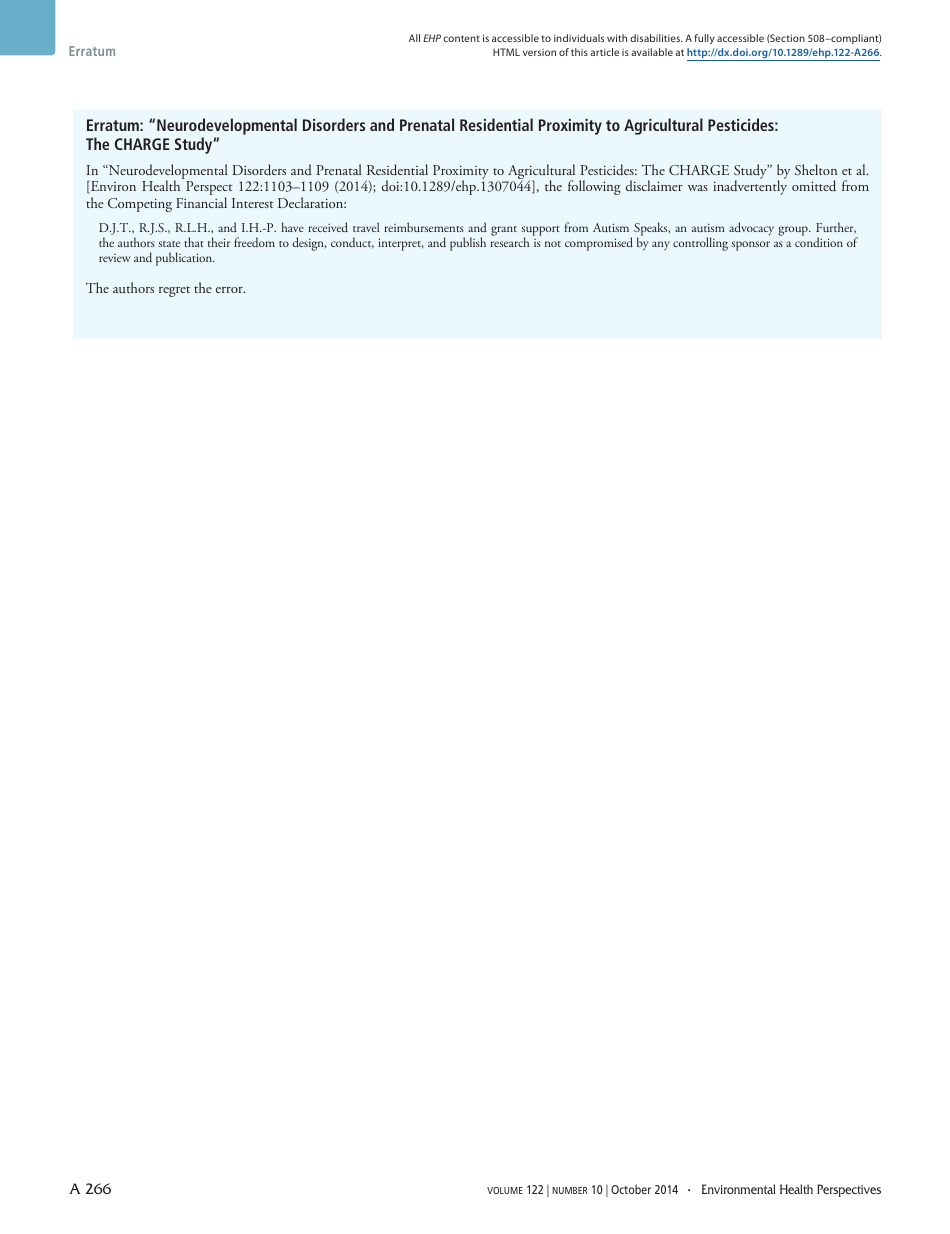 Neurodevelopmental Disorders and Prenatal Residential Proximity to Agricultural Pesticides: the Charge Study - Volume 122, Number 10 - Janie F. Shelton, Estella M. Geraghty, Daniel J. Tancredi, Lora D. Delwiche, Rebecca J. Schmidt, Beate Ritz, Robin L. Hansen, and Irva Hertz-Picciotto, Page 8