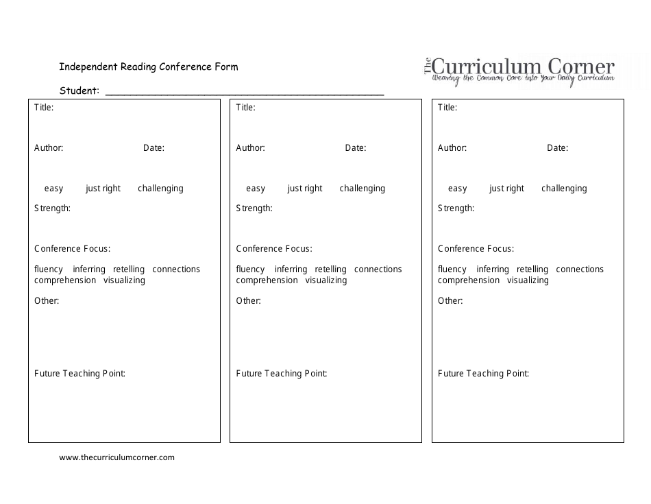 Independent Reading Conference Form for the Teacher - the Curriculum Corner, Page 1