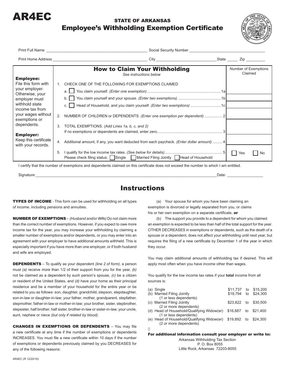 Form AR4ec Fill Out Sign Online and Download Fillable PDF Arkansas
