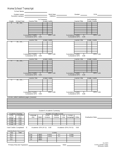 Homeschool Transcript Template Download Printable PDF Templateroller