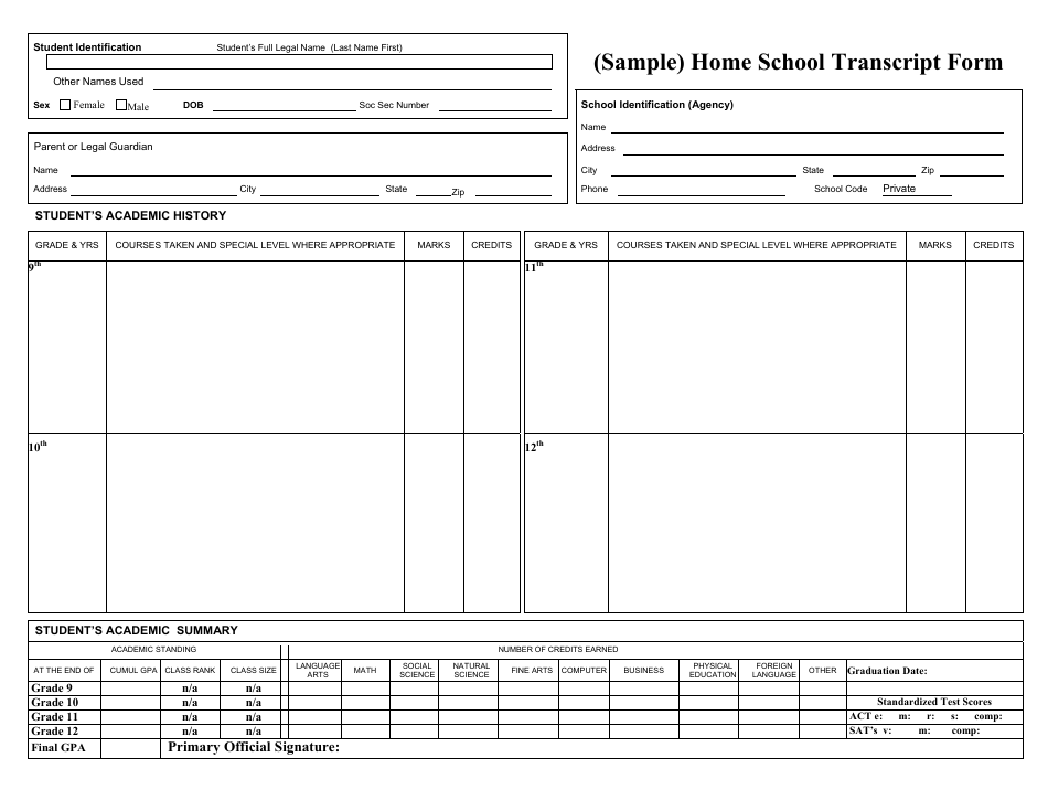 Sample Home School Transcript Form, Page 1