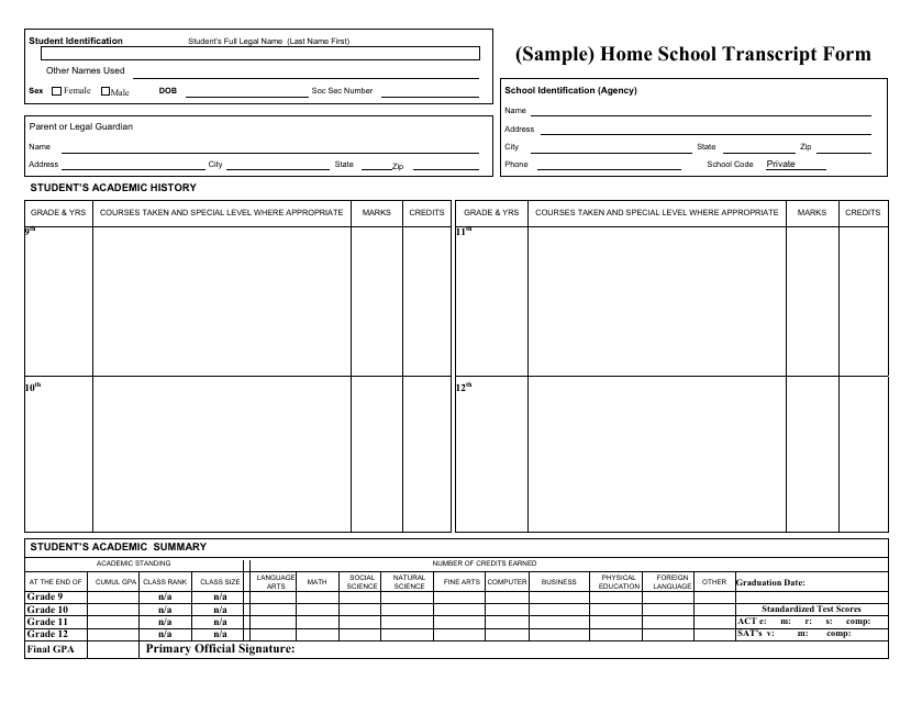 &quot;Sample Home School Transcript Form&quot; Download Pdf