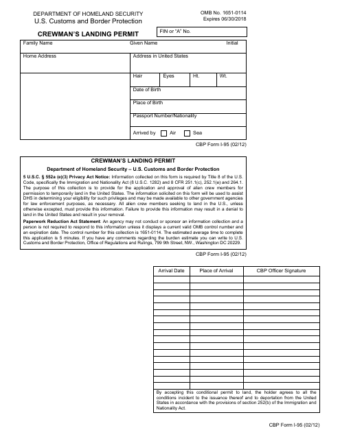 CBP Form I-95  Printable Pdf