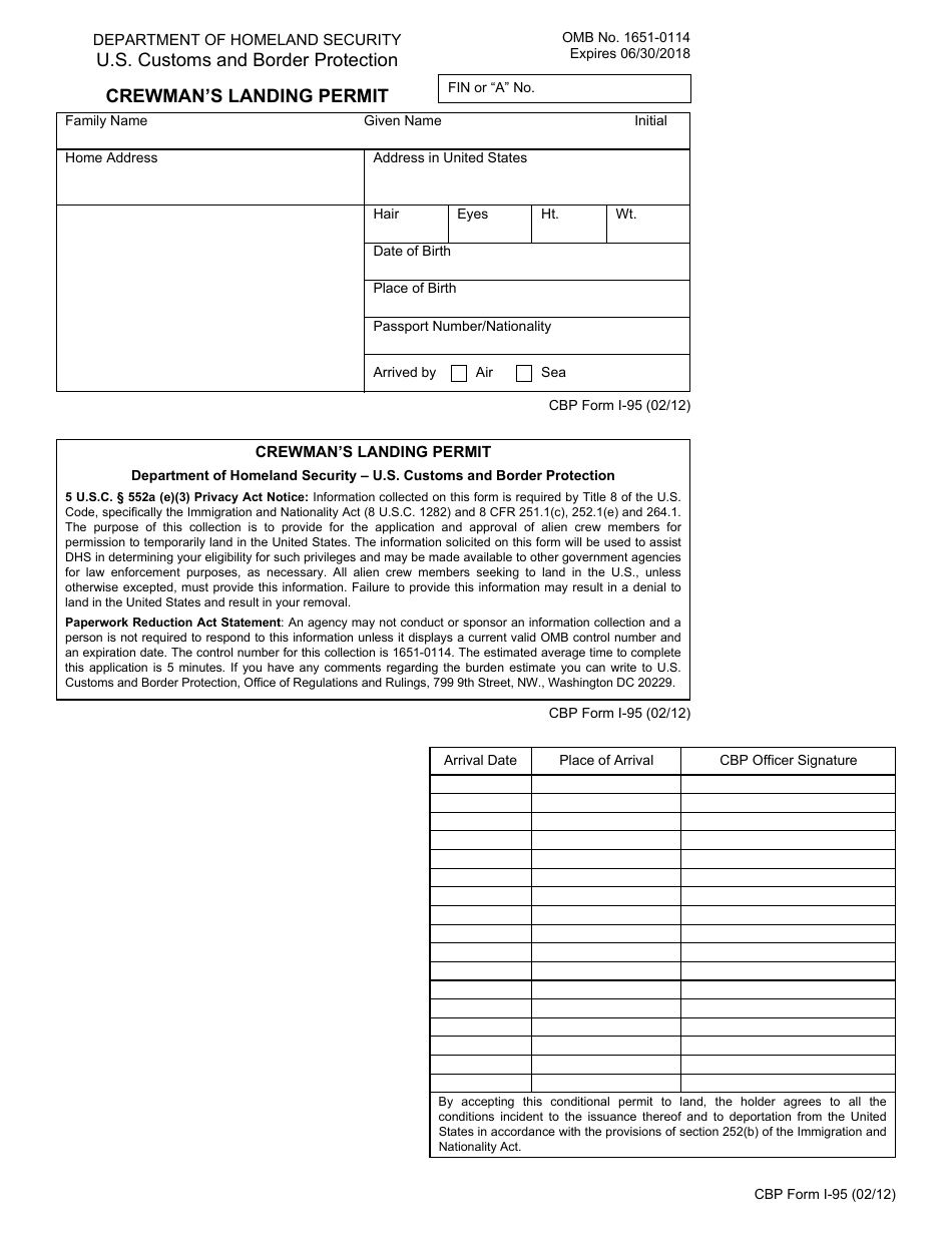 CBP Form I-95 Crewmans Landing Permit, Page 1