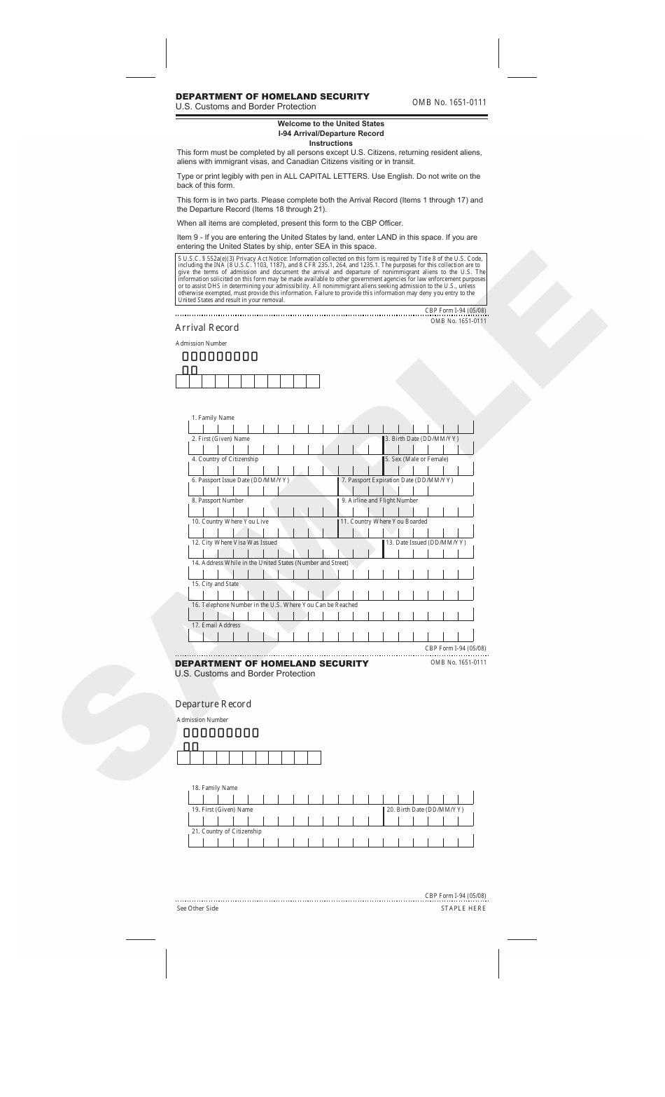 Form I-94 Arrival / Departure Record, Page 1