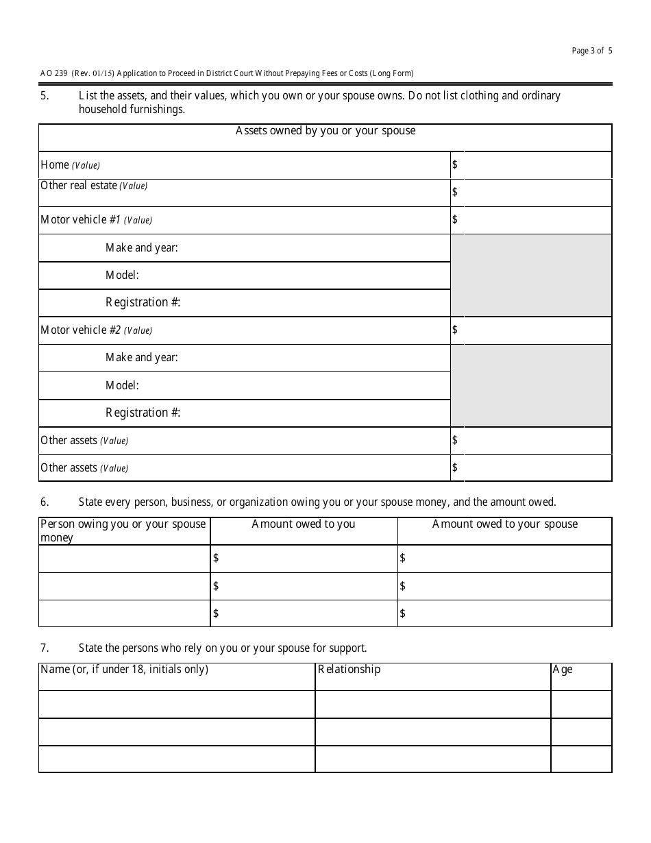 Form AO239 Application to Proceed in District Court Without Prepaying Fees or Costs (Long Form), Page 3