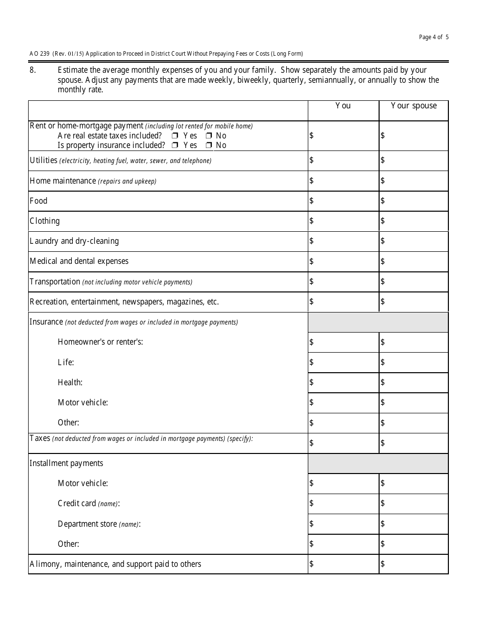 Form AO239 Application to Proceed in District Court Without Prepaying Fees or Costs (Long Form), Page 4
