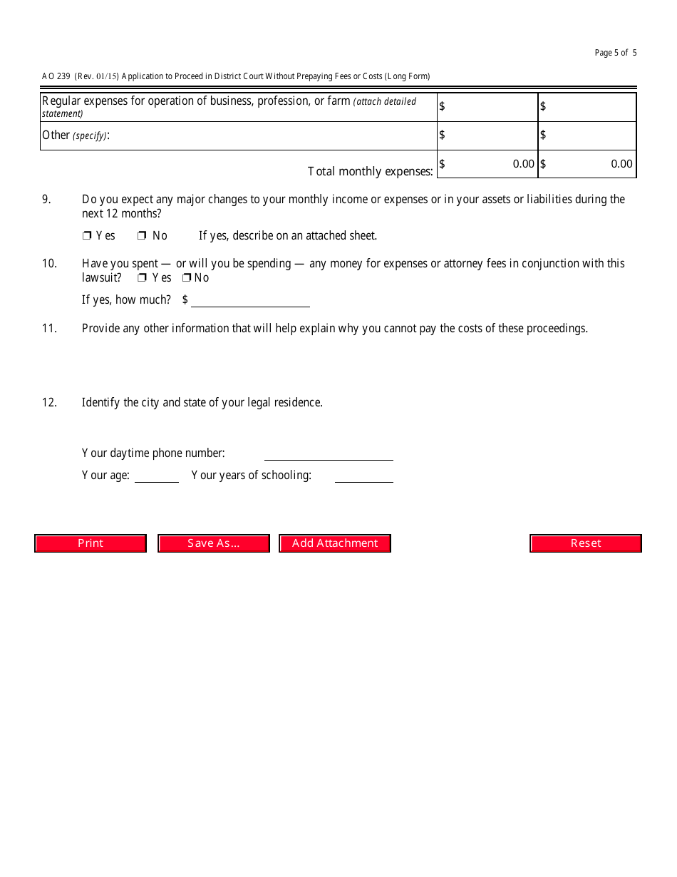 Form AO239 Application to Proceed in District Court Without Prepaying Fees or Costs (Long Form), Page 5