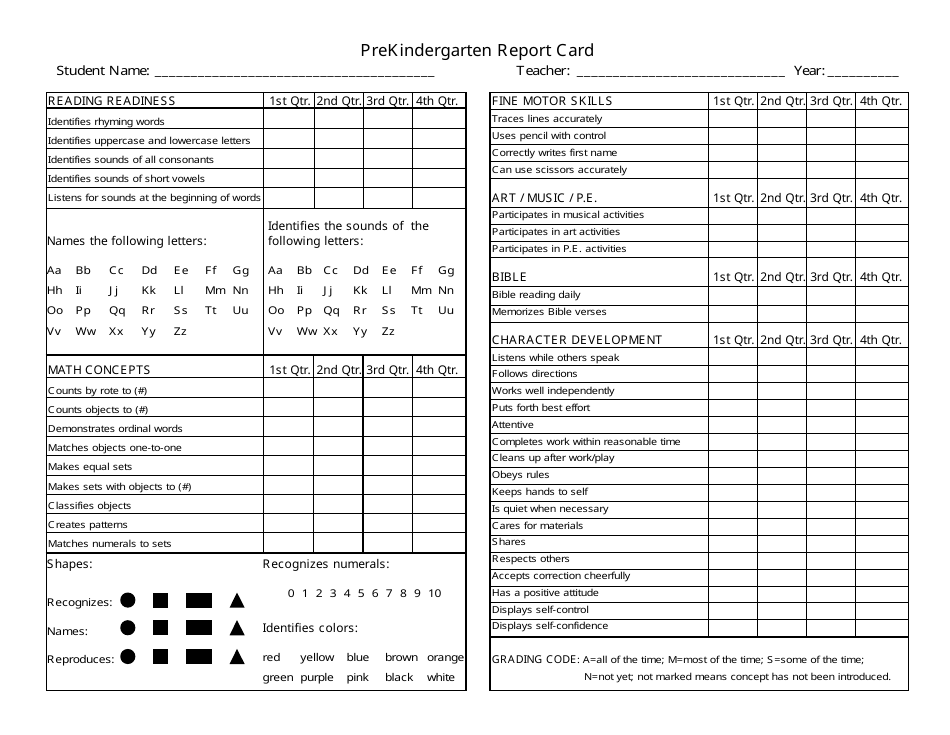 Pre-kindergarten Report Card Template, Page 1