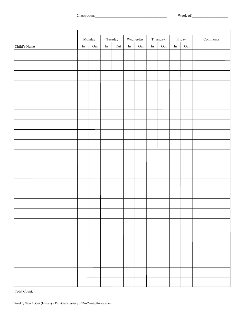 Weekly Sign in/Out Sheet Template for Students